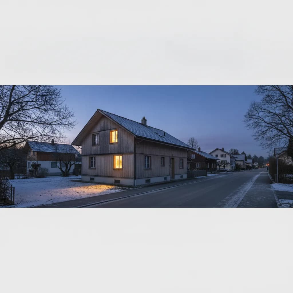 Beleuchtetes Fenster eines Wohnhauses am Abend