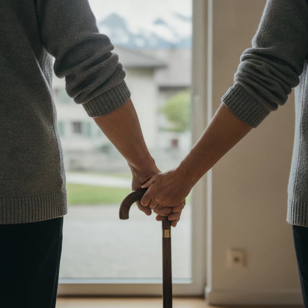 Zwei Menschen an der Wohnungstür, eine Hand stützt die andere am Gehstock
