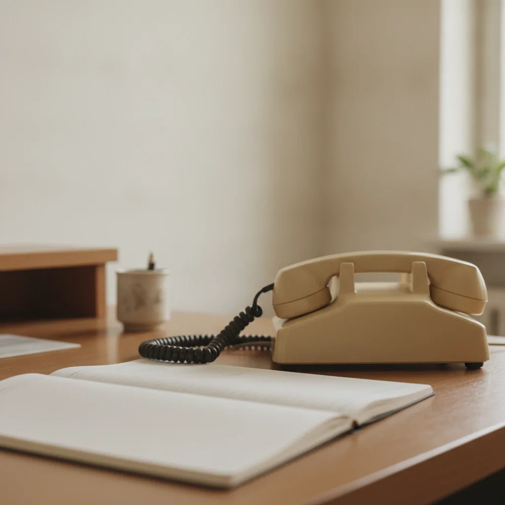 Telefon und Notizbuch am Empfang, wo Anfragen aufgenommen werden
